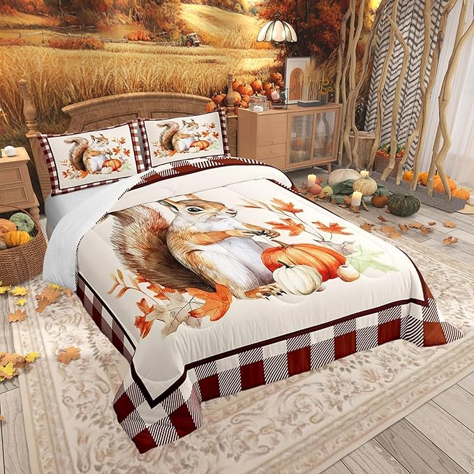 Castle Fairy Autumn Harvest Squirrel Bed Comforter Set Queen Size,Vintage Wood Plank Grid Super Soft Microfiber Bedding Set for Adults Men,Fall Pumpkin Maple Leaf Decorative Comforter Set,3 Pcs