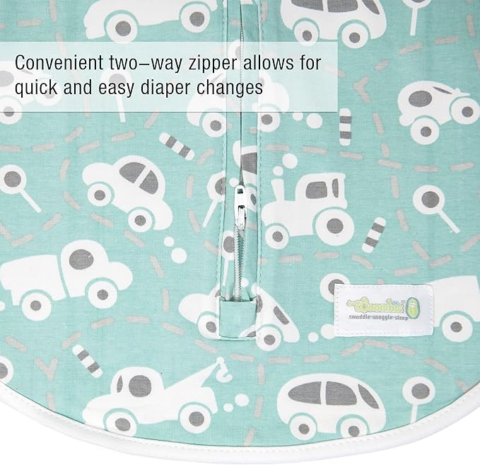 Woombie Original Baby Swaddling Blanket - Soothing, Cotton Baby Swaddle with Zipper - Wearable Newborn Blanket, Buzzy Cars, 14-19 lbs