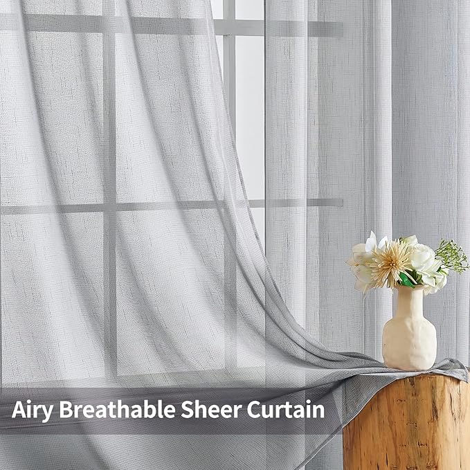 MIULEE 2 Panel Natural Linen Semi Sheer Window Curtains - Elegant Solid Light Grey Drapes with Grommet Top - Voile Panels for Bedroom & Living Room (52X90 Inch)