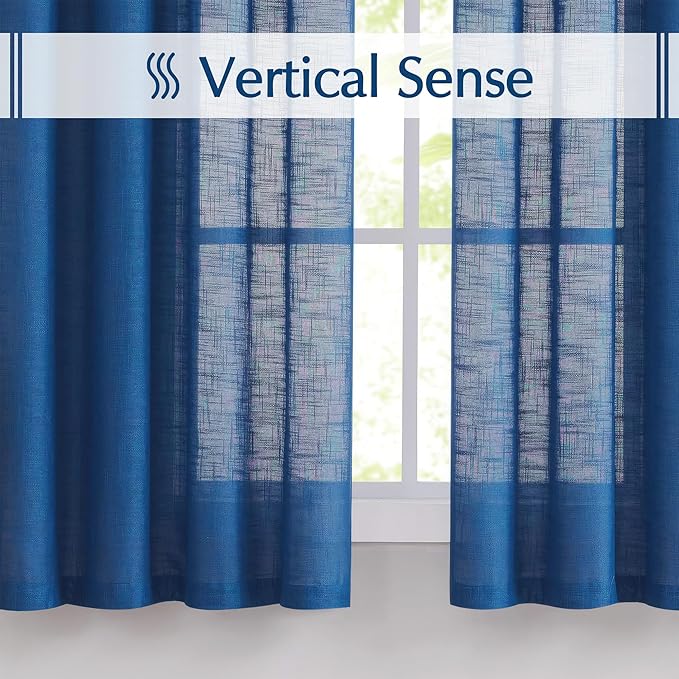FMFUNCTEX Linen Semi Sheer Curtains for Bedroom, Navy Blue Curtains 84 Inches Long for Living Room, Country Farmhouse Sheer Drapes, Light Filtering Window Curtain, Grommet Top 2 Panels