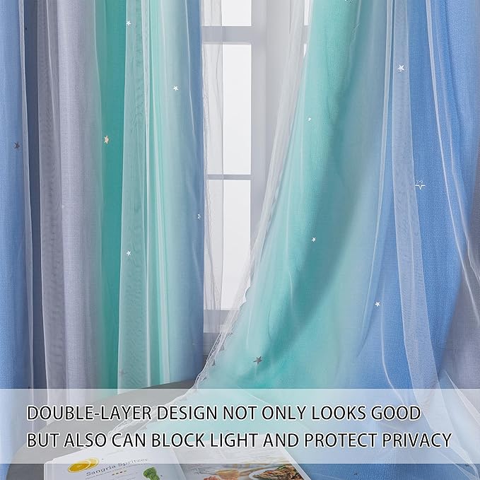 XiDi Girls Curtains for Bedroom 96 Inches Long 2 Panels Blue Green Grey Ombre Rainbow Blackout Grommet Curtains for Little Girl Kids Room Decor Living Room, Princess Unicorn Wall Decals Drapes 52x96