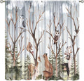 Forest Curtains, Cartoon Woodland Animals Tree Birds Moose Rabbit Mushroom Print Pattern Kids Bedroom Window Treatments Curtains 63x72in