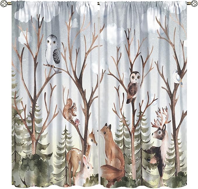 Forest Curtains, Cartoon Woodland Animals Tree Birds Moose Rabbit Mushroom Print Pattern Kids Bedroom Window Treatments Curtains 52x84in, Style-8