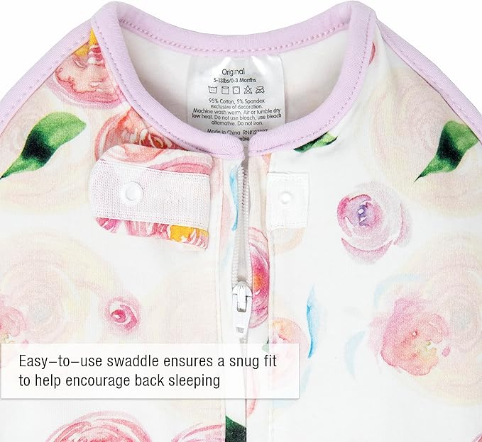 Woombie Original Baby Swaddling Blanket - Self-Soothing, Cotton Baby Swaddle with Zipper - Wearable Newborn Blanket, Watercolor Roses, 14-19 lbs