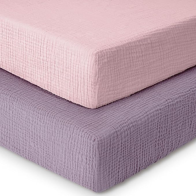 Dreamology Muslin Mini Crib Sheets, Girls, Boys, Soft & Breathable Crib Sheet 2 Pack, 100% Cotton Crib Sheets for Mini Cribs, Pack n Play Sheets, 24x38 Mini Crib Sheet Fitted | Purple,Pink
