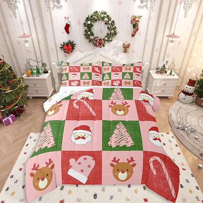 Feelyou Merry Christmas Bedding Set Soft for Boys Girls, Xmas Tree Santa Claus Comforter Set Toddler Size Candy Cane Deer Duvet Quilt Microfiber Patchwork Bedroom Decor 2 Pcs with 1 Pillow Cases