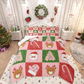 Feelyou Merry Christmas Bedding Set Soft for Boys Girls, Xmas Tree Santa Claus Comforter Set Toddler Size Candy Cane Deer Duvet Quilt Microfiber Patchwork Bedroom Decor 2 Pcs with 1 Pillow Cases