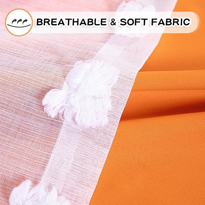 MYSKY HOME Orange Blackout Curtains for Living Room Girls Bedroom Double Layer Curtains Nursery Kids Room 84 Inch Long Curtains White Pom Pom Sheer Grommet Room Darkening Window Curtains, 52" x 84"