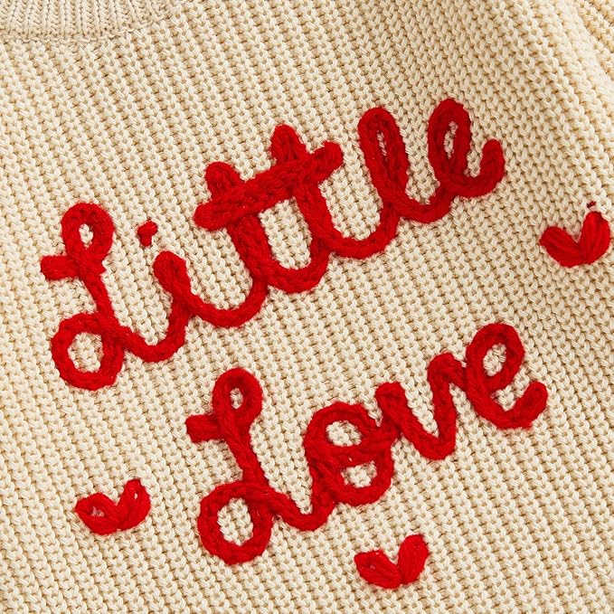 Lesimsam Newborn Baby Boy Girl Valentines Day Outfit Oversized Embroidery Long Sleeve Knit Sweater Bubble Romper Bodysuit