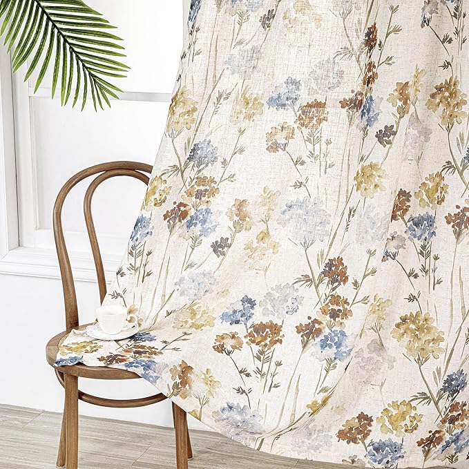 MYSKY HOME Living Room Linen Curtains 90 inch Floral Pattern Light Filtering Privacy Protect Drapes for Window Decoration Rustic Vintage Style for Family Room, 52" Wide, Yellow, 2 Pcs
