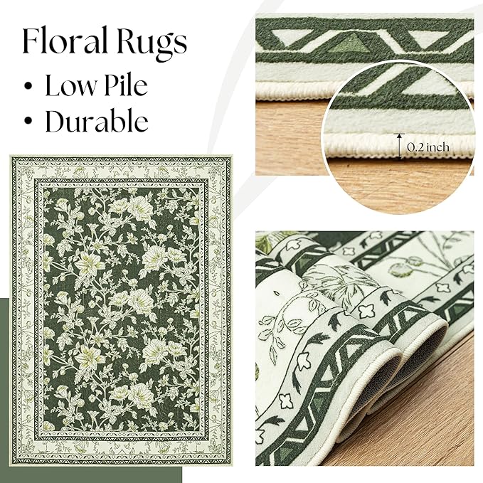 Olive Green Floral Print Area Rugs for Bedroom Living Room Boho Farmhouse Country Rustic Dining Room Carpet Soft Washable Rugs Non Slip Floor Covering for Nursery Playroom 8x10