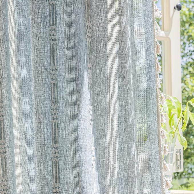 ENJOYBRIDAL Boho Curtains 96 Inch Length 2 Panels Semi Sheer Blue Grey Drapes Embroidered Tassel Rod Pocket Hollow Out Window Curtain Panels Farmhouse Window Treatment for Bedroom Living Room