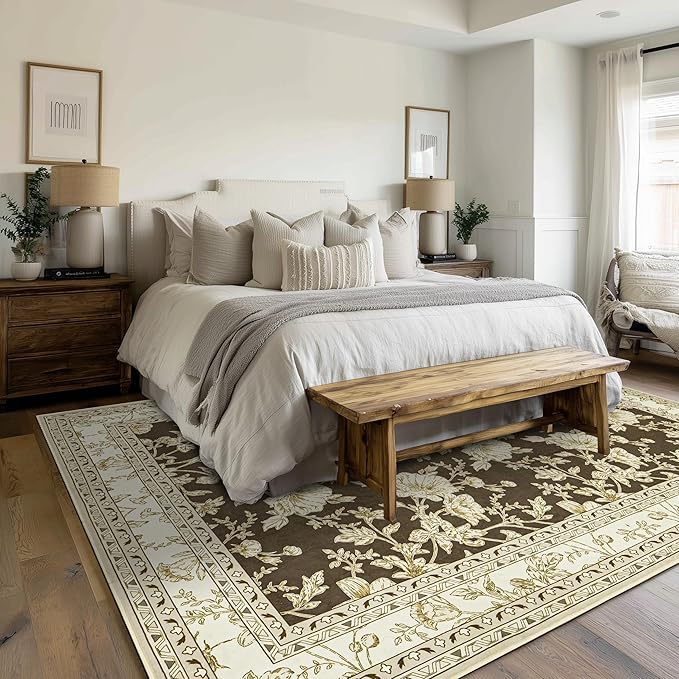 Brown Floral Print Area Rugs for Bedroom Living Room Boho Farmhouse Country Rustic Dining Room Carpet Soft Washable Rugs Non Slip Floor Covering for Nursery Playroom 7x9
