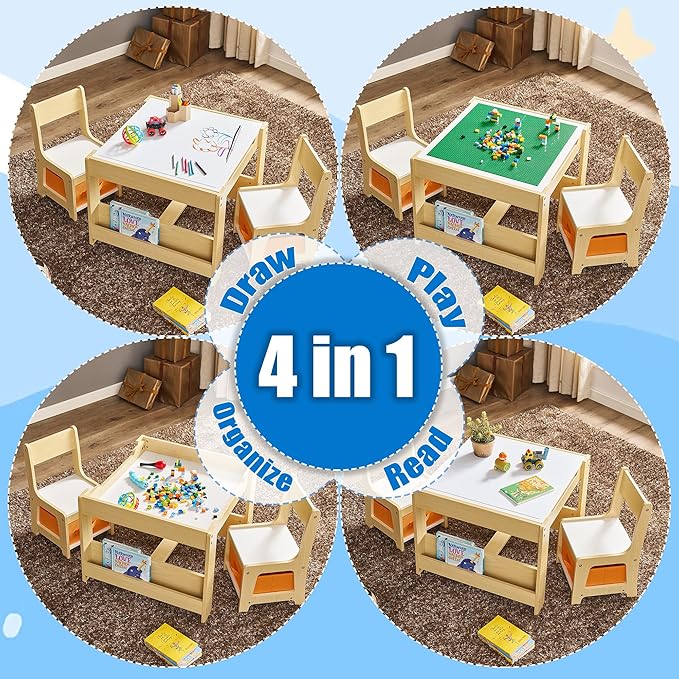 Kids Table and Chair Set, 3 in 1 Wooden Activity Table with Storage Drawer for Toddlers Drawing, Reading, Crafts, 2 in 1 Detachable Tabletop Table Set for Nursery, Playroom (Natural & White)