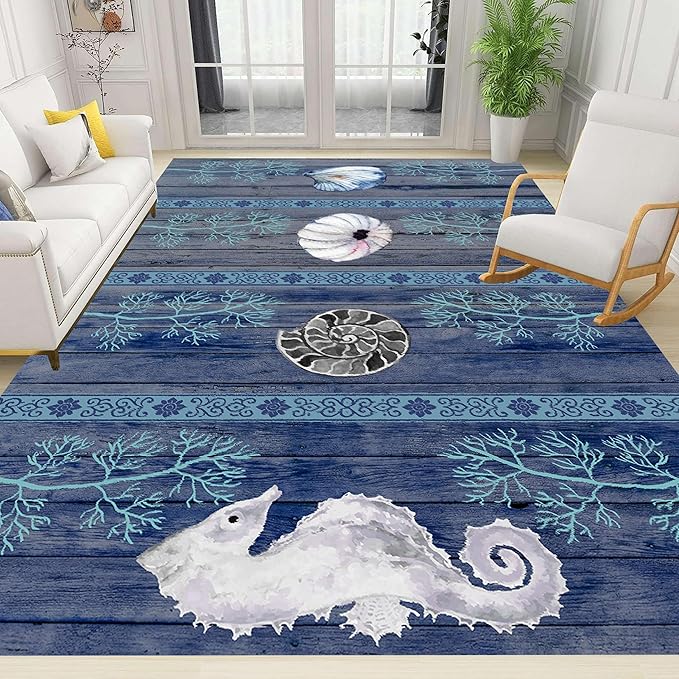 Nautical Living Room Rug, 5x6ft, Ocean Theme Conch Shell Seahorse Indoor Rugs, Beach Waterweed Kitchen Decor Mats, Durable Shed Resistant Cozy Easy Clean Carpet for Bedroom Family