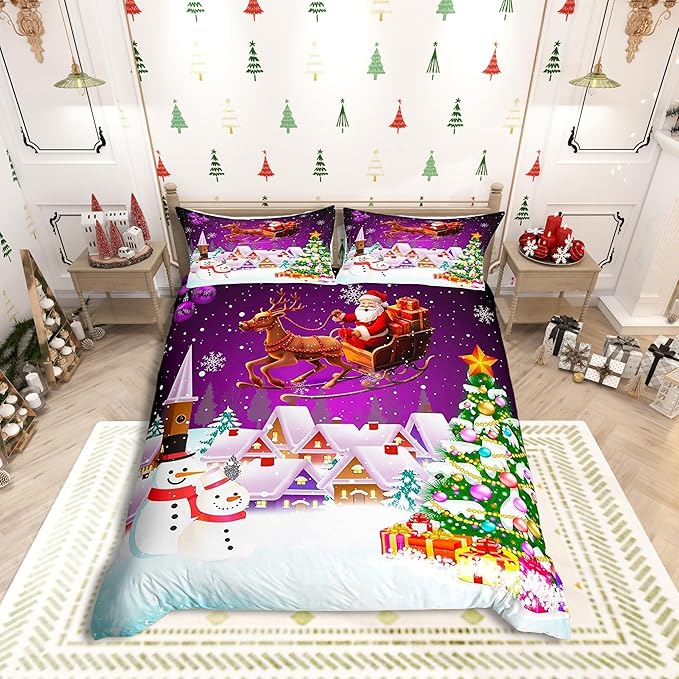 Manfei Xmas Duvet Cover Set Twin Size, Snowman Christmas Tree Bedding Set for Kids Boys Girls, Santa Claus with Reindeer Comforter Cover New Year Theme Quilt Cover with 1 Pillowcase, No Comforter