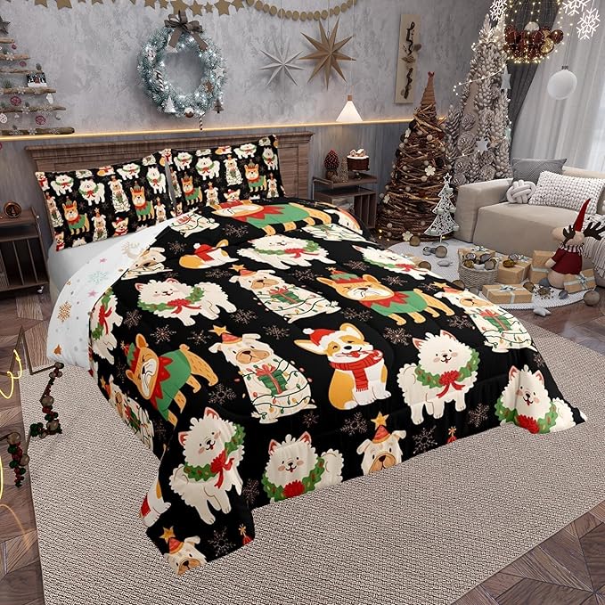 Castle Fairy Christmas Pets King Size Comforter/Duvet Set,Cute Puppy Dog Animal Ultra Soft Bed Collection,Merry Christmas Theme Bedding for Room Decor 3 Pcs,Microfiber Breathable
