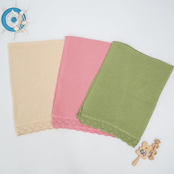 Baby Knit Blanket, 100% Cotton Waffle Patterns, Soft, Cozy, Lightweight Swaddle for Newborn & Infant Swaddling Beige Neutral, Perfect Baby Shower Ideas Cream 30x40