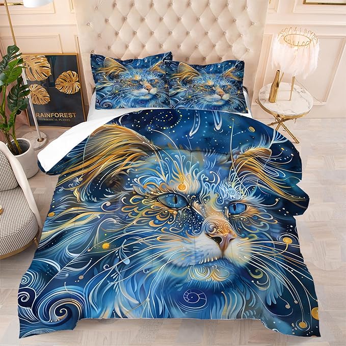 Cat Comforter Set Full: Blue Exotic Cat Themed Bedding Set Gothic Boho Ethnic Kitten Quilts Mystic Pet Animal Bed Sets for Teens Girls Women 1 Comforter & 2 Pillowcases