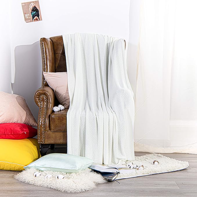 NTBAY Cable Knit Cooling Throw Blanket, Soft and Breathable Throw Blanket 51x67 Inches Made from Rayon Derived from Bamboo for Couch, Sofa, Nap, White