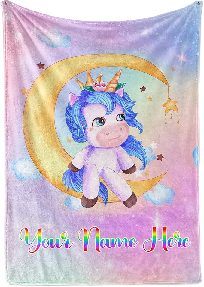 Personalized Unicorn Blanket for Girls | Kids Rainbow Unicorn | Custom Plush Fuzzy Unicorns for Toddler | Customized Little Girl Throw Blankets | Girl Sofa Bed Birthday | Fleece 50x60