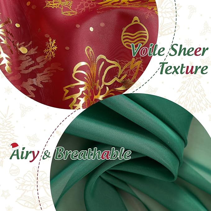 NICETOWN Christmas Curtain Set - 2 Green Sheer (W29 x L63) & 2 Gold Foil Printed Panels(W40 x L63), Grommet Festive Window Decor for Holiday Season