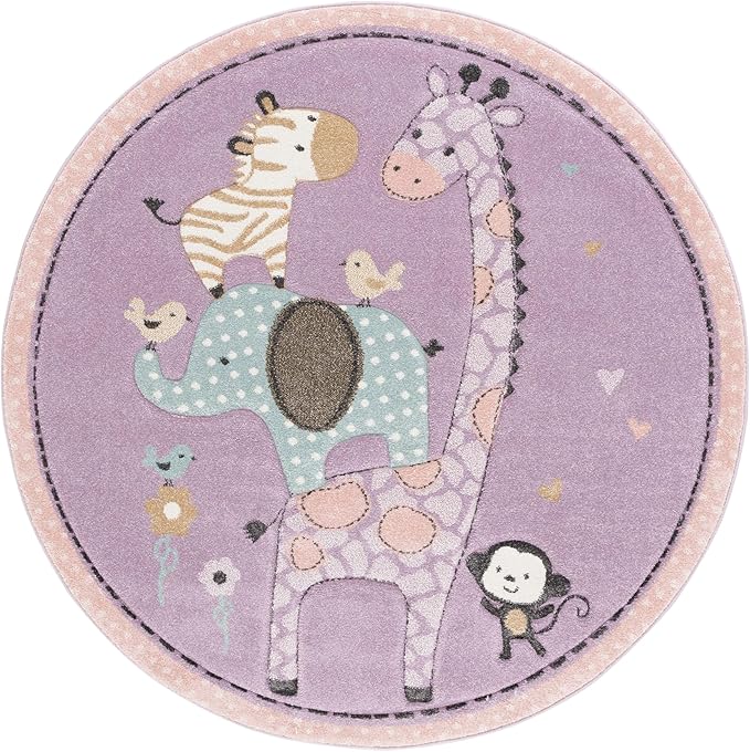 SAFAVIEH Carousel Kids Collection Area Rug - 6'7" Round, Purple, Animal Design, Easy Care & Non-Shedding, Ideal for High Traffic Areas for Boys & Girls in Playroom, Nursery (CRK120V-7R)