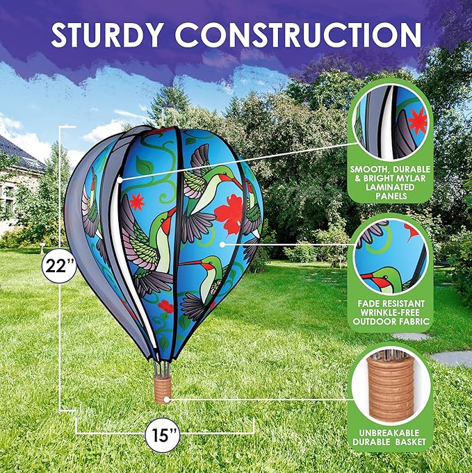 Hot Air Balloon Hanging Garden Spinner 22" - Vibrant Hummingbird Design, Weather-Resistant Outdoor Decor, Durable & Lightweight for Patios, Yards, and Gardens - Eye-Catching Wind Spinner