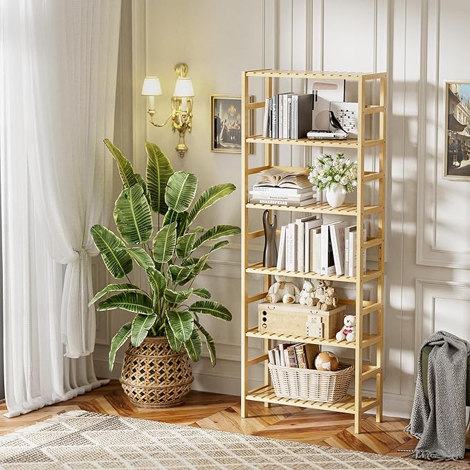 HITNET Bamboo Shelf, 6-Tier Adjustable Tall Open Bookcase, Bathroom Storage Rack Freestanding Shelving Unit, Plant Display Stand for Small Space, Natural