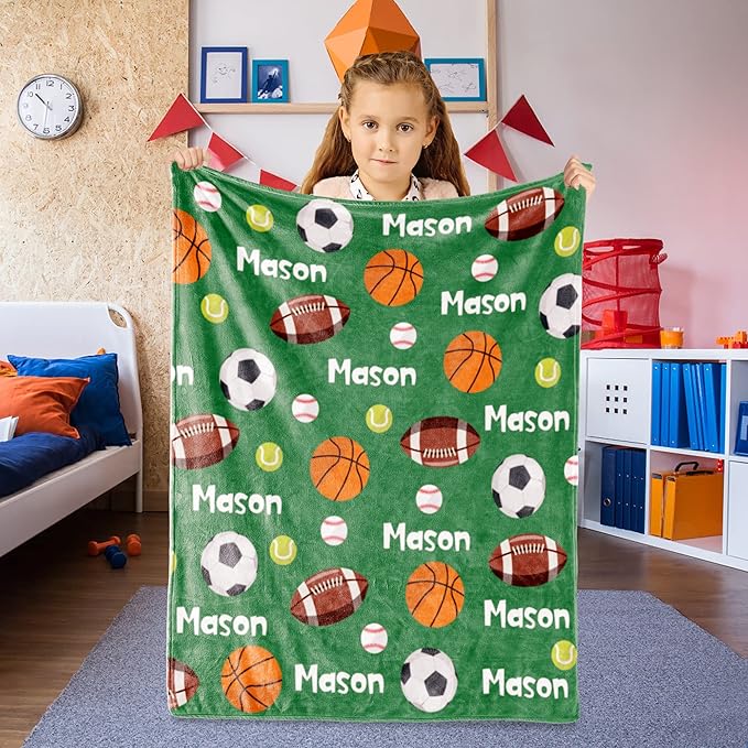 Custom Ball Blanket with Name for Boys, Personalized Name Blanket for Kids Ball, Soft Flannel Customized Gift for Birthday Christmas Baby Shower Children Day 40"x50"