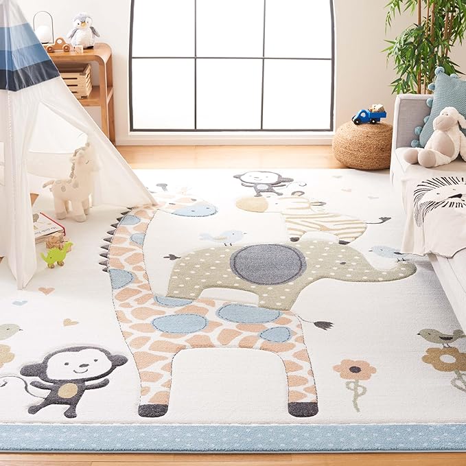 SAFAVIEH Carousel Kids Collection Area Rug - 8' x 10', Ivory, Animal Design, Non-Shedding & Easy Care, Ideal for High Traffic Areas for Boys & Girls in Playroom, Nursery, Bedroom (CRK120A)