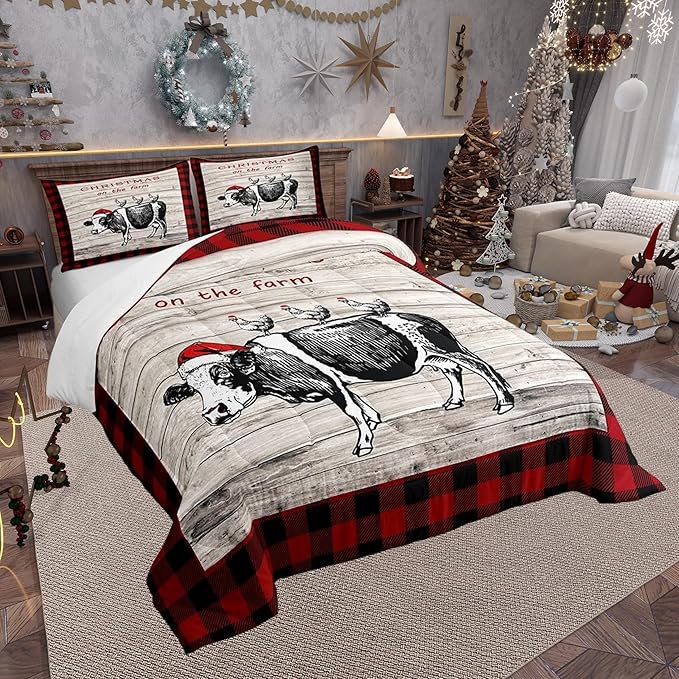 Christmas Farm Comforter Set for Kids,Cartoon Cow Chicken Bedding Set Teens Boys Room Decor,Vintage Wooden Plank Red Grids Comforter with 1 Pillowcase for All Seasons,Twin