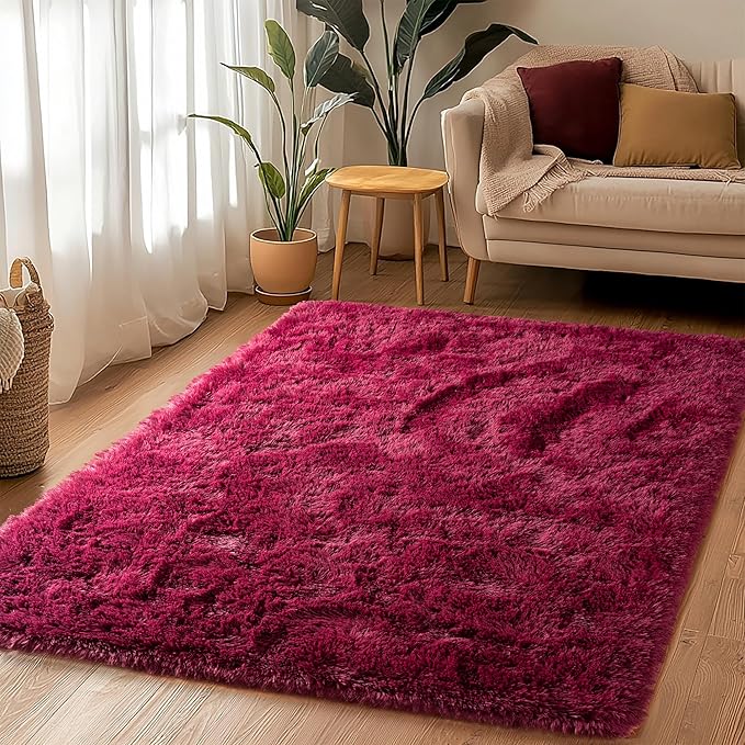 2x3 Rug - Non-Slip for Living Room - Height Pile 1.4" Plush Rug - Fluffy Throw Rugs Carpet for Bedroom - Burgundy