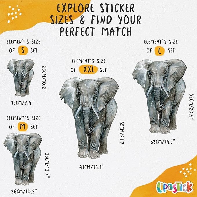 Safari Animal Wall Decals for Kids by Lipastick-Peel and Stick Jungle Stickers Giraffe, Elephant, Hippo, Palm Tree, Parrot for Toddlers Room, Nursery, Playroom, Classroom, Daycare Decor Art- L Size