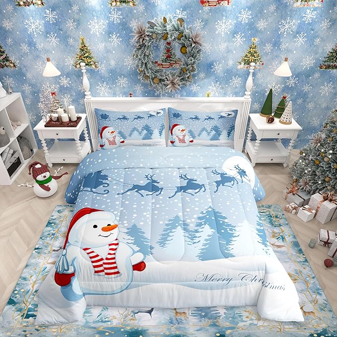 Manfei Snowman Comforter Set King Size, Xmas Deer Trees Print Quilt Set with 2 Pillowcases, Winter Snowflake Merry Christmas Bedding Set 3pcs for Kids Boys Girls Bedroom Decor