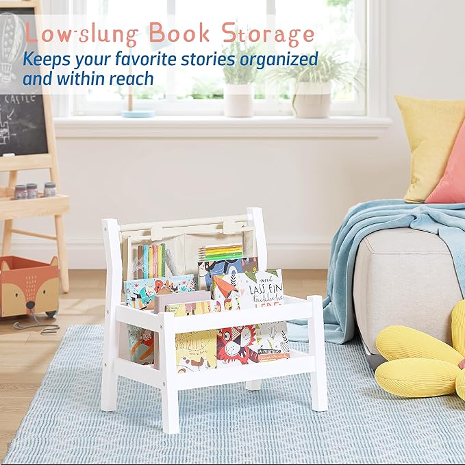 Spirich Montessori Kids Bookshelf, Floor Book Shelf for Kids Rooms, Toddler Book Caddy with Clear Pouch,Baby Book Display, Children Bookcase for Classroom Nursery, White
