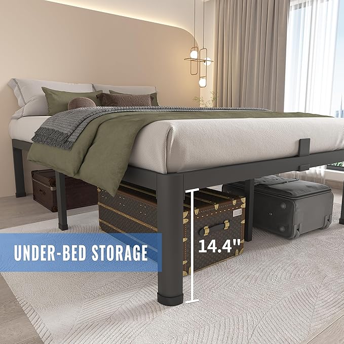 MAF 16 Inch Full Size Bed Frame with Round Corner Legs Mattress Slide Stopper No Box Spring Needed Heavy Duty Metal Platform Bed Frames Under-Bed Storage Space, 3000 LBS Steel Slats Support