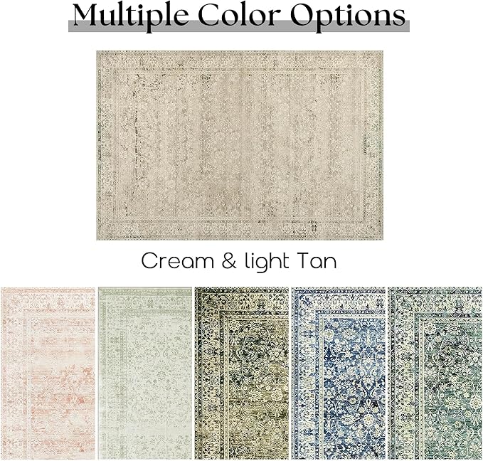 Cream and Light Tan Rug for Bedroom Neutral Boho Farmhouse Floral Washable Soft Faux Wool No Slip Area Rugs for Living Room Home Office,5x8