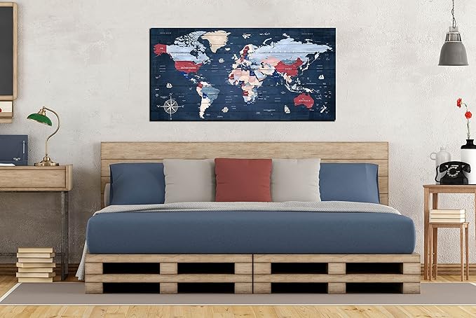 ZHAOSHOP Blue World Map Wall-Art For Office - Large World Maps For Wall - Canvas Wall Art Stretched and Framed Ready to Hang Size 40" x 20"