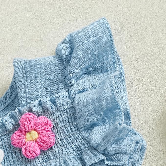 Gaono Newborn Baby Girl Smocked Bubble Romper Cute Boho Summer Clothes Ruffle Sleeveless Crochet Flower Vintage Bodysuit