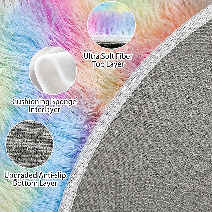 7 ft Large Fluffy Round Rainbow Area Rugs for Girls Bedroom, Colorful Soft Shaggy Circular Rug Plush Fluffy Circle Carpet Fuzzy for Nursery Baby Toddler Room Playroom Dorm Iving Room Home Decor