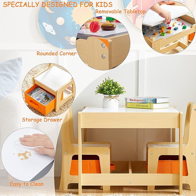 Kids Table and Chair Set, 3 in 1 Wooden Activity Table with Storage Drawer for Toddlers Drawing, Reading, Crafts, 2 in 1 Detachable Tabletop Table Set for Nursery, Playroom (Natural)