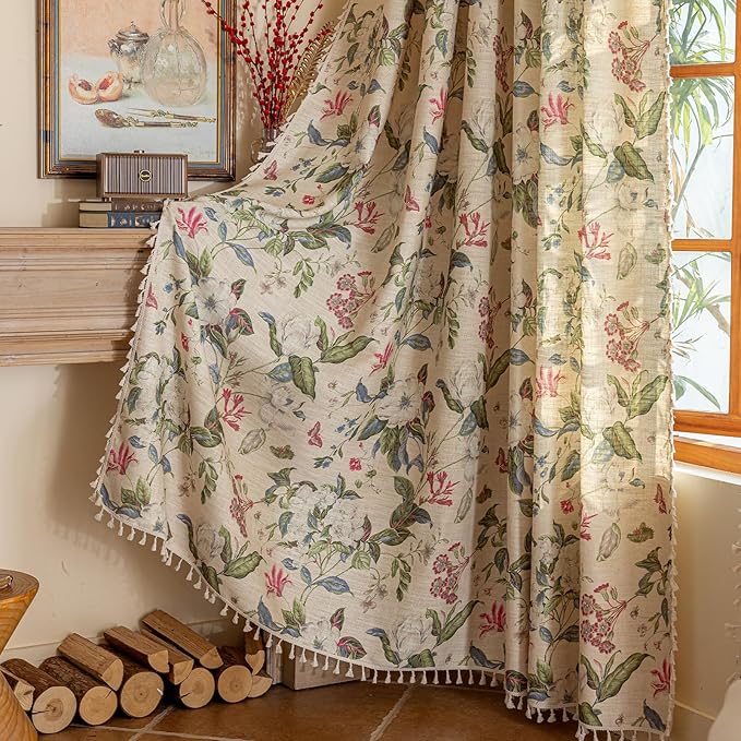 ENJOYBRIDAL Floral Curtains 63 Inch Long Living Room Boho Drapes Short Bedroom 2 Panels Semi Sheer Window Curtain Panels Vintage Rod Pocket Tassel Farmhouse Nursery Window Treatments