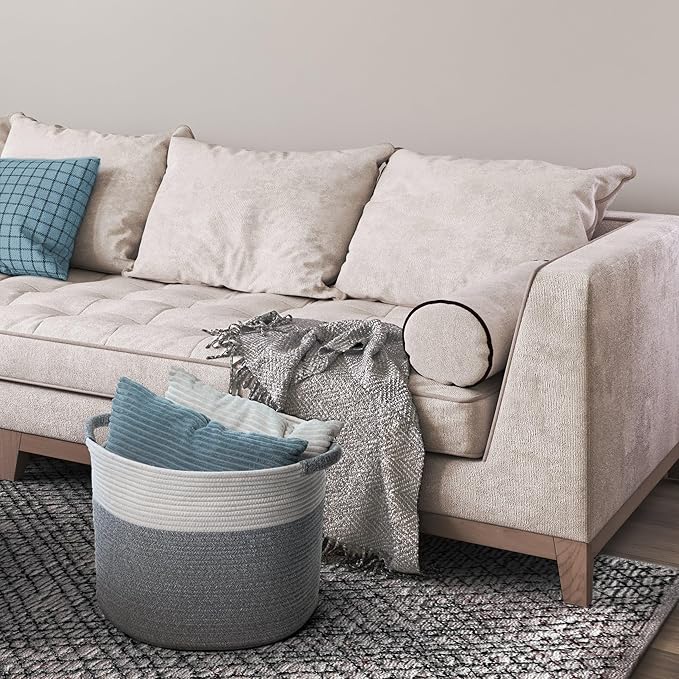 Blanket Basket - Woven Round Rope Storage Basket (16"Wx14"H) for Blankets & Throws, Small Laundry & Toy Organizer, Decorative Living Room & Bedroom Cotton Basket - White & Gray