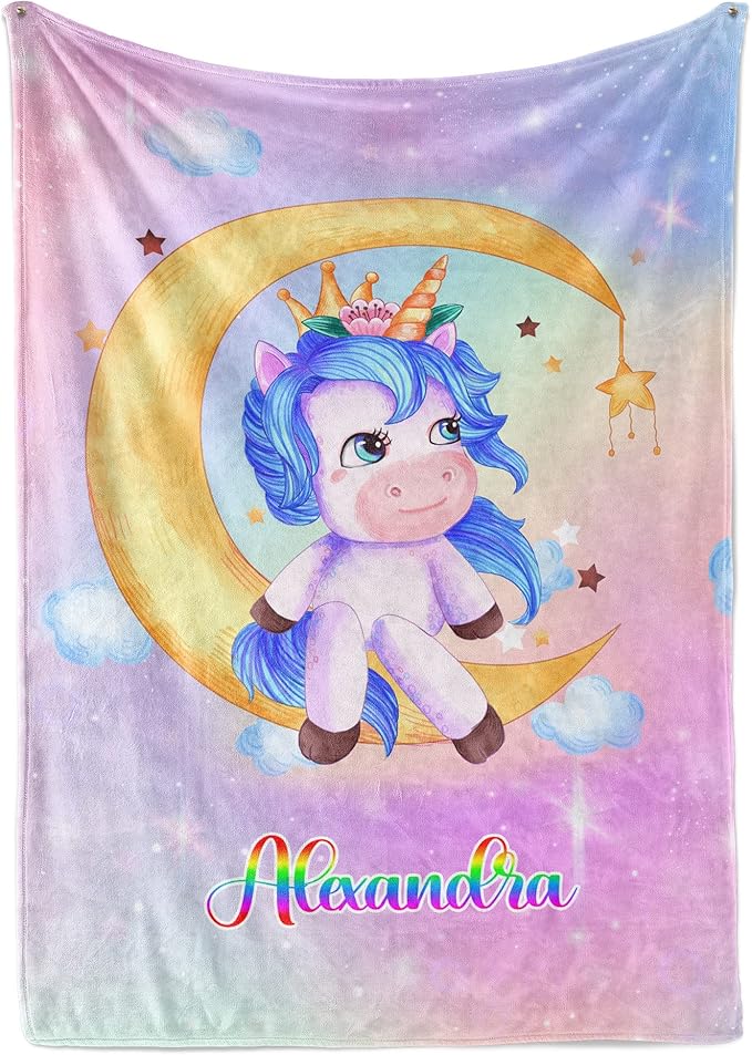 Personalized Unicorn Blanket for Girls | Kids Rainbow Unicorn | Custom Plush Fuzzy Unicorns for Toddler | Customized Little Girl Throw Blankets | Girl Sofa Bed Birthday | Sherpa 50x60
