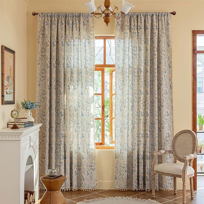 ENJOYBRIDAL Blue Floral Curtains 84 Inch Length 2 Panels Semi Sheer Living Room Drapes Boho Aesthetic Bedroom Farmhouse Window Curtain Panels Tassel Decorative Rod Pocket Window Treatments