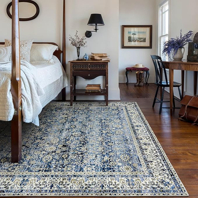 Blue Area Rugs Washable Rug for Living Room Bedroom, Faux Wool Soft No Slip Floral Boho Vintage Extra Large Carpet for Dining Room 9x12