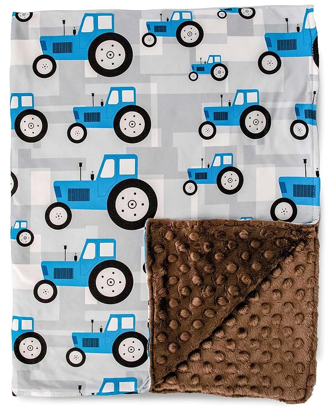 Top Tots Baby Blanket - Tractor with Brown Minky Dot, 38.5 x 29 Inch Blue & Grey