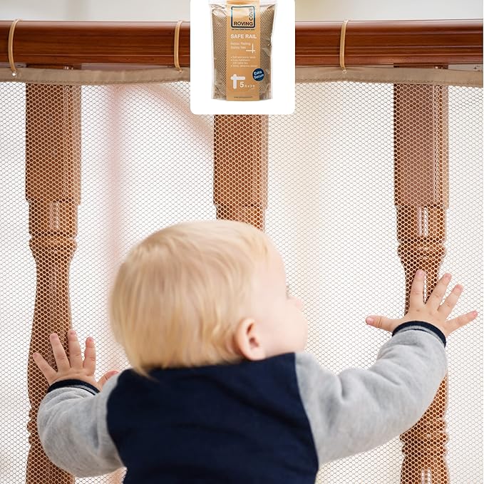 Roving Cove Stair Banister Guard 5ft x 3ft, Railing Safety Net for Baby Proofing, Child Safety Stairway Cover, Balcony Mesh Netting, Almond Brown