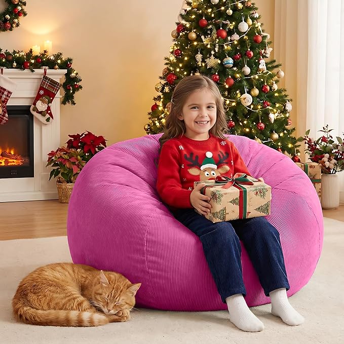 Nobildonna 3 ft Bean Bag Chair Cover (No Filler) 35"×43" Large Stuffed Animal Storage Bean Bag Washable Big Beanbag Chair Cover Premium Corduroy Bean Bag Cover for Adults,Kids,Rose Red 300L
